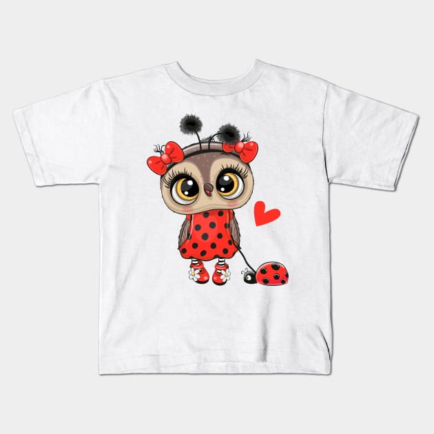 Cute fashion owl with a ladybug on a leash Kids T-Shirt by Reginast777